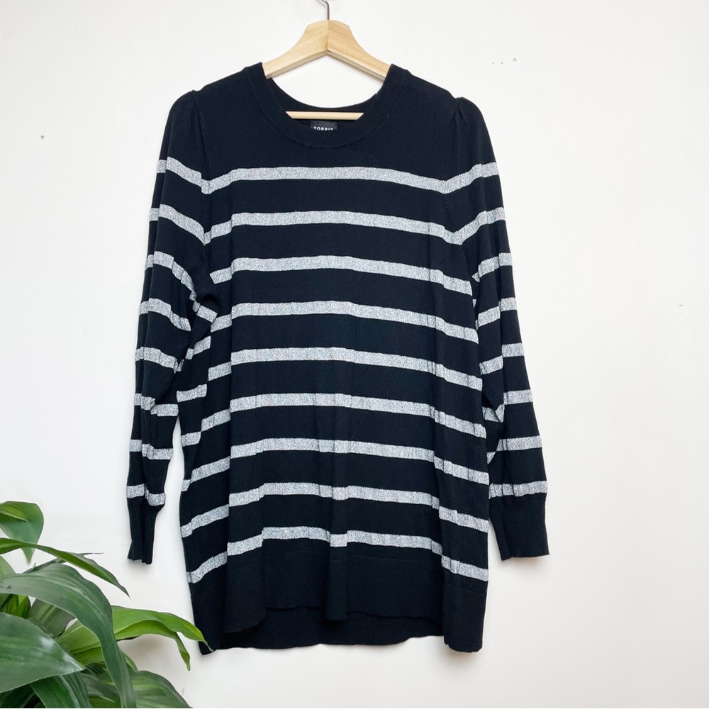 Torrid Black Silver Striped Sweater Tunic Size 3 (22/24) Puff Sleeve Knit Top